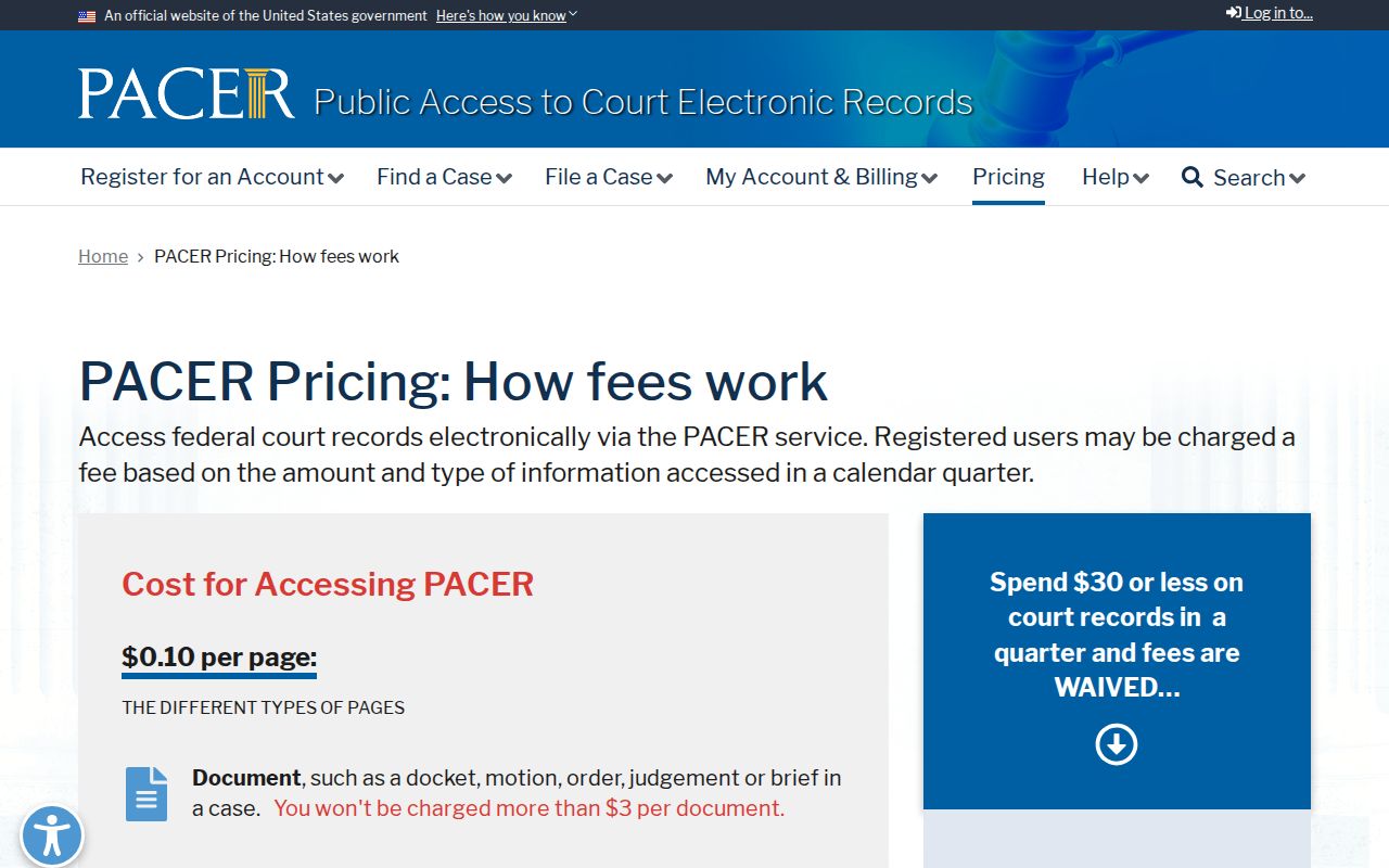 Fayette County federal court docket PACER pricing